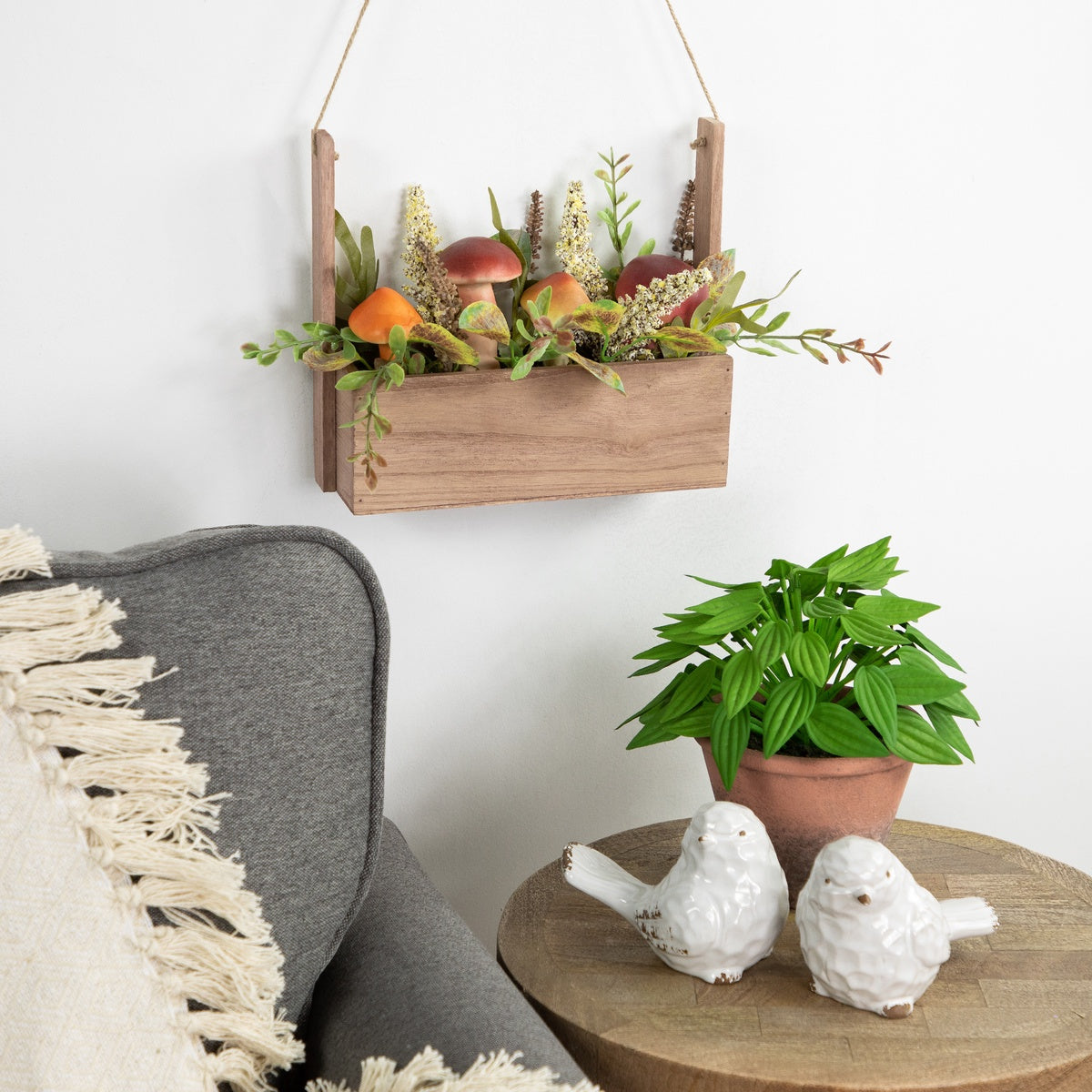  Northlight Mushroom and Foliage Fall Harvest Hanging Wooden Basket - 19