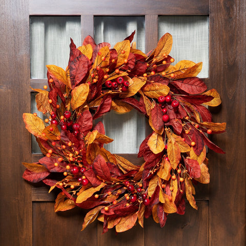 Berries With Leaves Artificial Fall Harvest Twig Wreath  24-Inch  Unlit