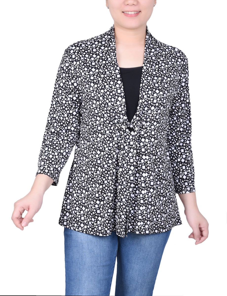  NY Collection Petite Puff Print 3/4 Sleeve Two-Fer Top - Jester Red Ivory Geo - Bonton