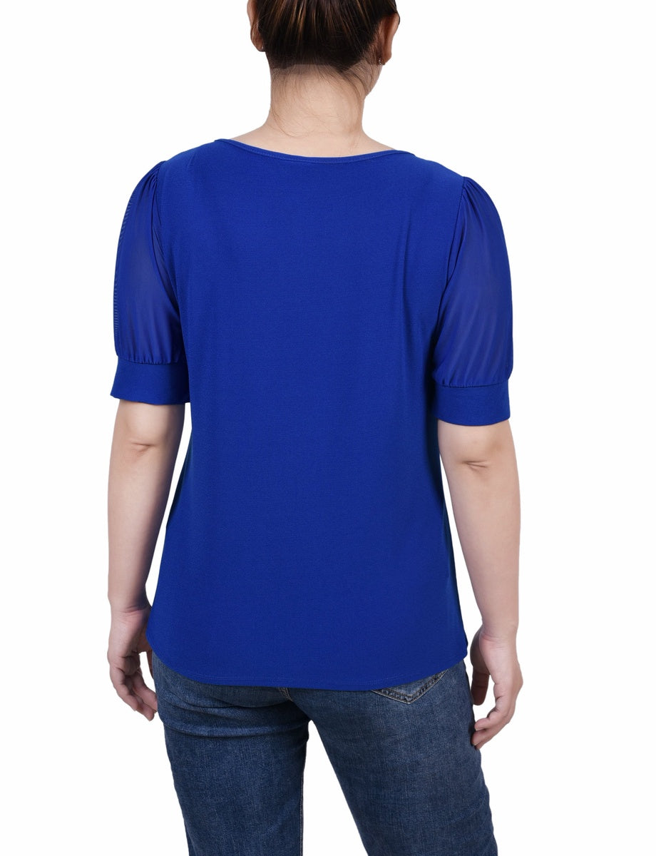  NY Collection Long Sleeve Studded Colorblocked Split Neck Top - Doeskin - Bonton