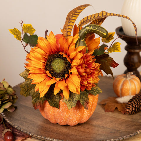 Sunflower and Mum Filled Pumpkin Thanksgiving Decoration - 14.75" - Yellow