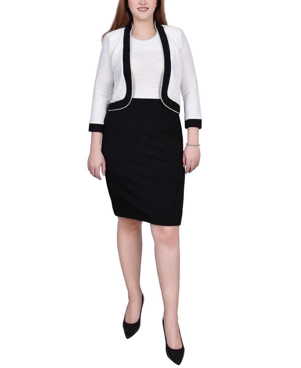  NY Collection Petite 3/4 Sleeve Textured Knit 2 Piece Dress Set - Black Lemon - Bonton