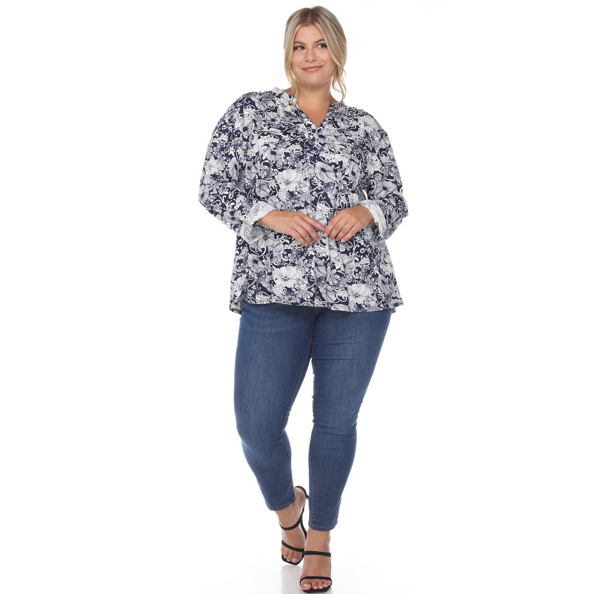  White Mark Plus Size Pleated Long Sleeve Floral Print Blouse - 1X - Bonton