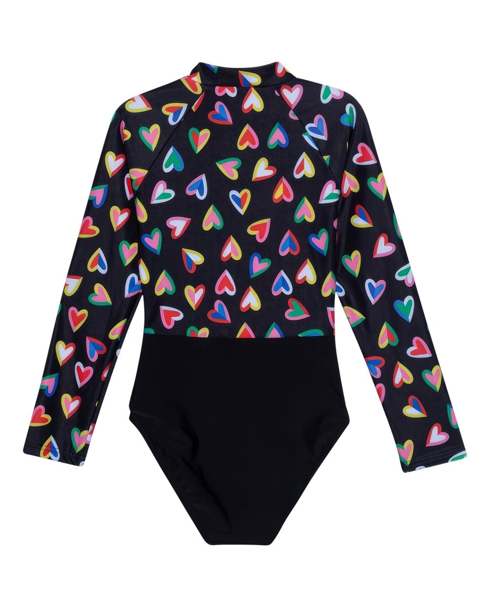  Gottex Kids Hearts Long Sleeve Zip Up Rash Guard One Piece Swimsuit - GOTTEX KIDS HEARTS - Bonton