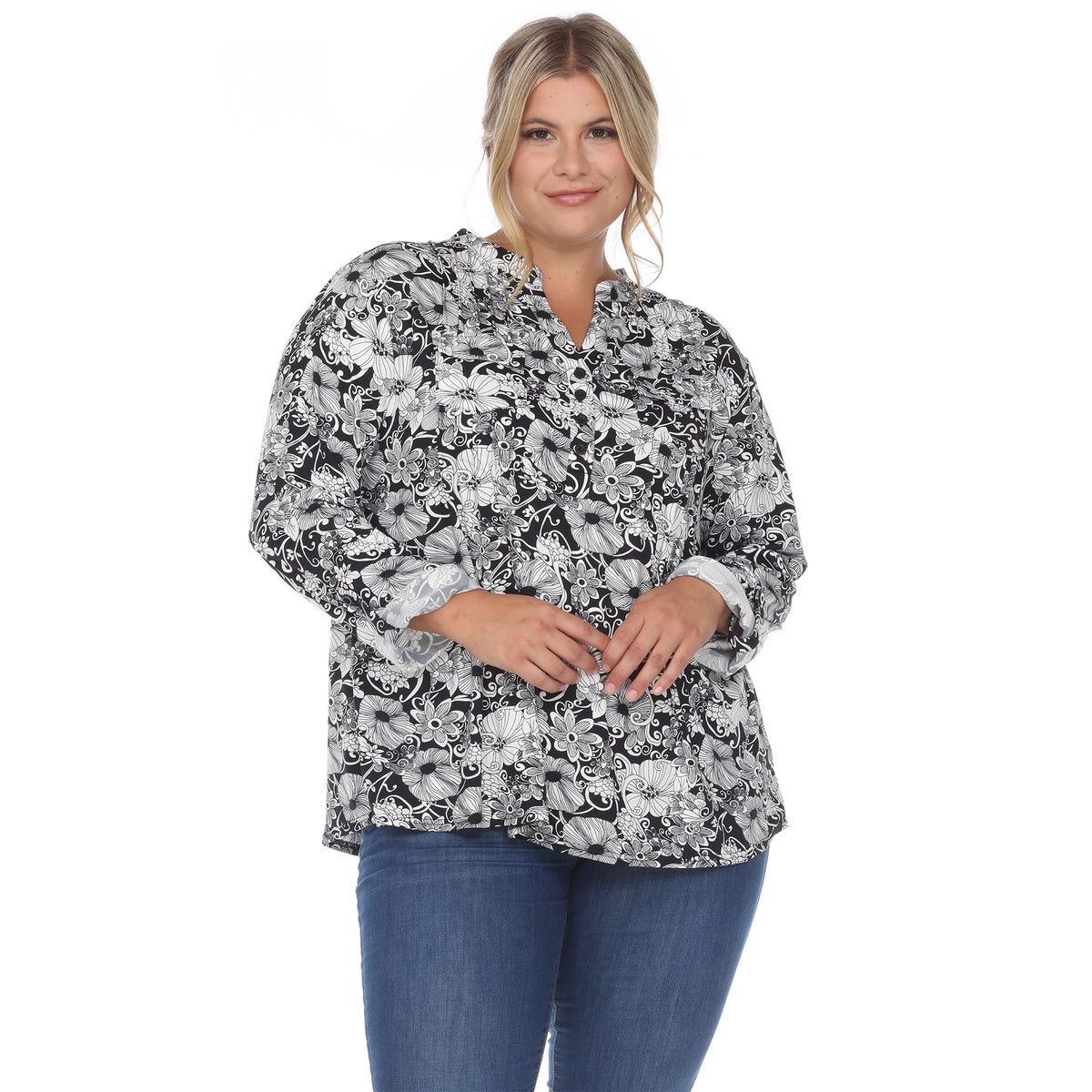  White Mark Plus Size Pleated Long Sleeve Floral Print Blouse - 1X - Bonton