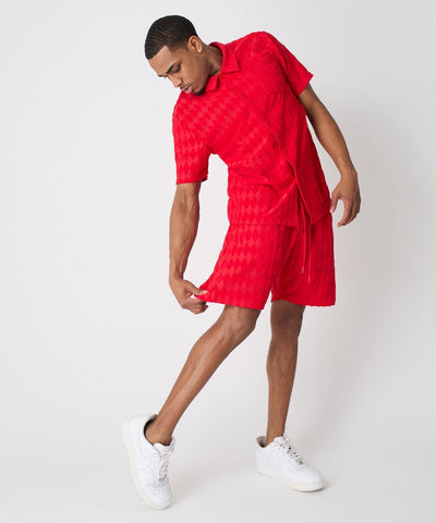 Diamond Plate Towel Color Blocked Short Sleeve Button Down Shirt - Red