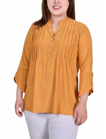 Plus Size 3/4 Sleeve Overlapped Bell Sleeve Y Neck Top