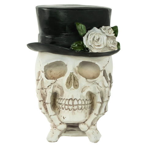 9" Skull With Top Hat and Roses Halloween Decoration
