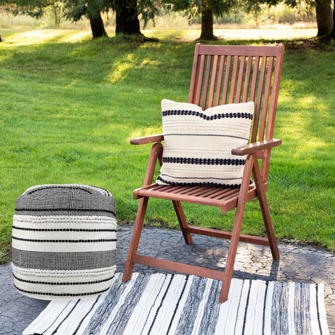 18" White and Black Striped Outdoor Woven Pouf Ottoman