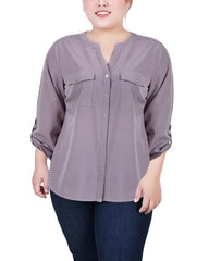 Plus Size 3/4 Roll Tab Sleeve Y-Neck Blouse