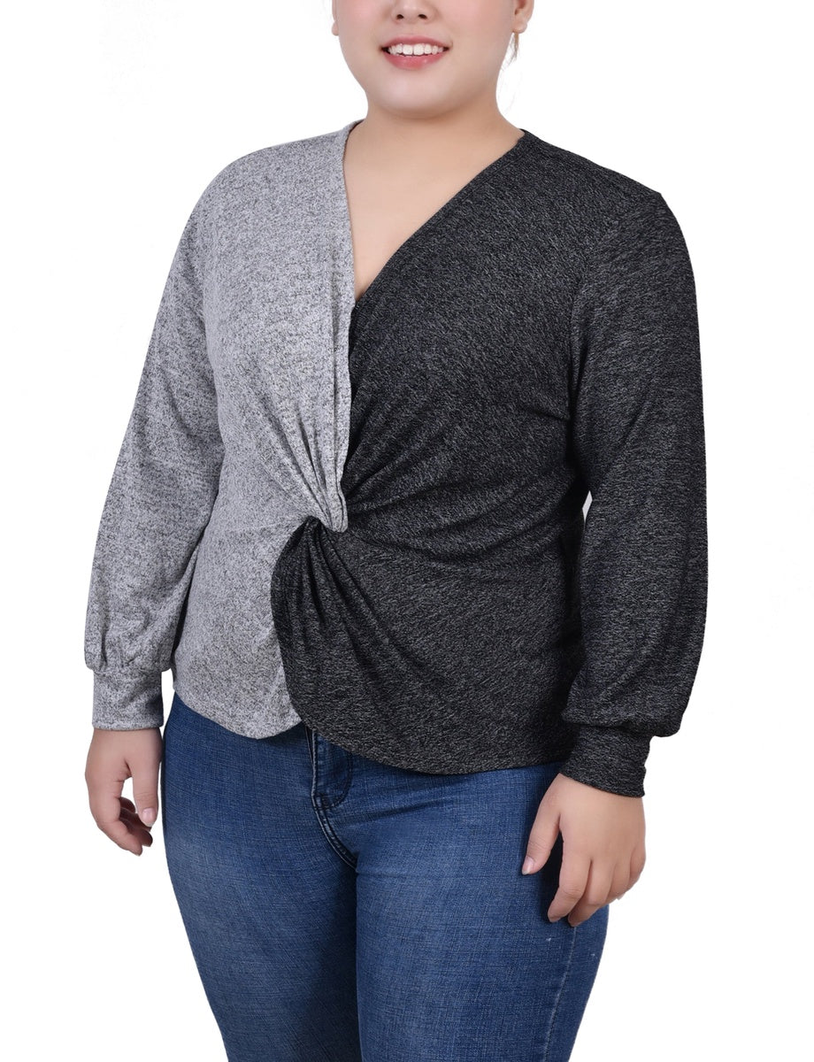  NY Collection Plus Size Long Sleeve Twist Front Colorblocked Top - Grey Black - Bonton