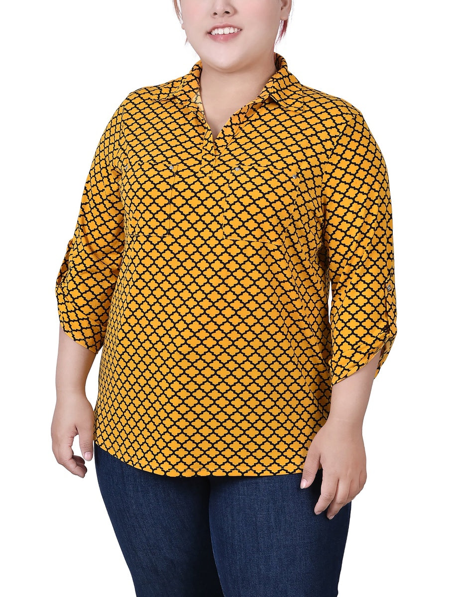  NY Collection Plus Size 3/4 Roll Tab Sleeve Studded Y Neck Top - Royal Abstract - Bonton