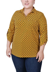 Plus Size 3/4 Roll Tab Sleeve Studded Y Neck Top