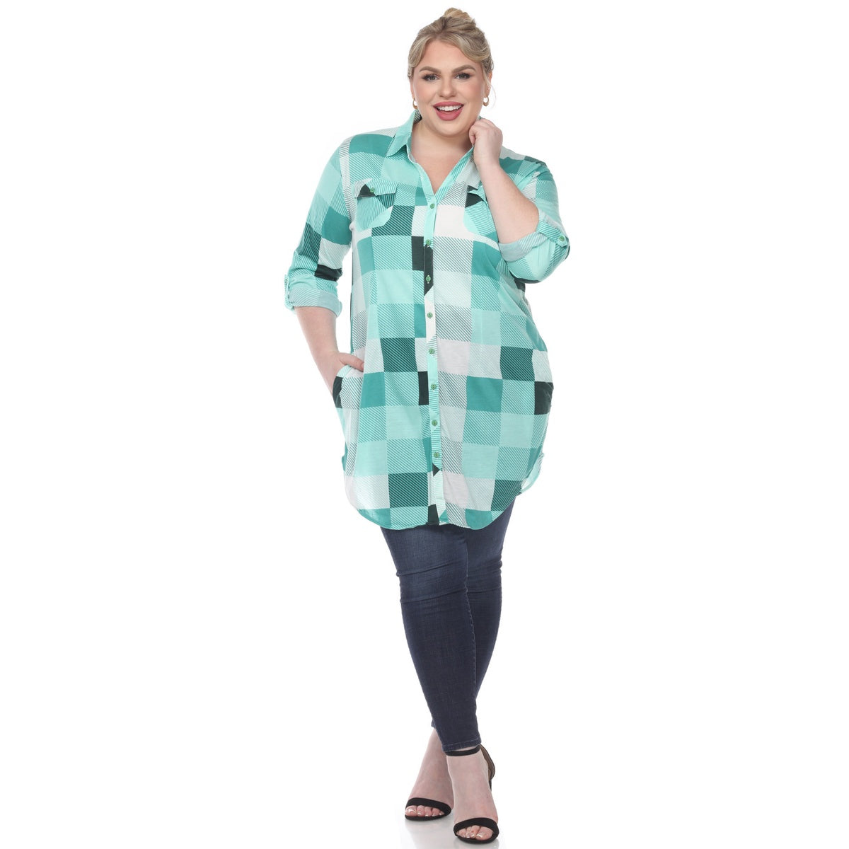  White Mark Plus Size Plaid Button Down Tunic Shirt - 1X - Bonton