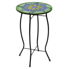 19" Green and Blue Peacock Flower Tail Glass Patio Side Table