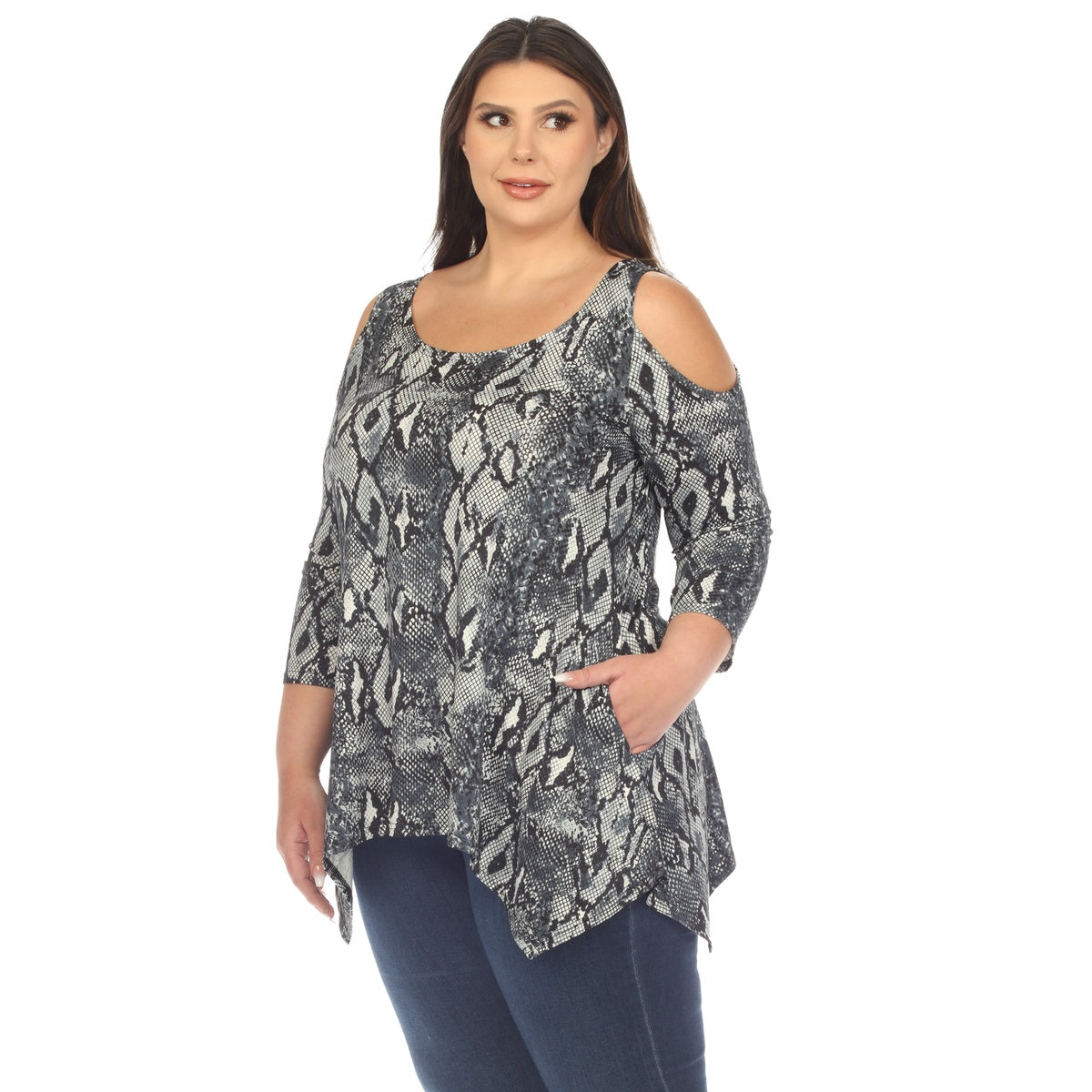  White Mark Plus Size Snake Print Cold Shoulder Tunic - 1X - Bonton