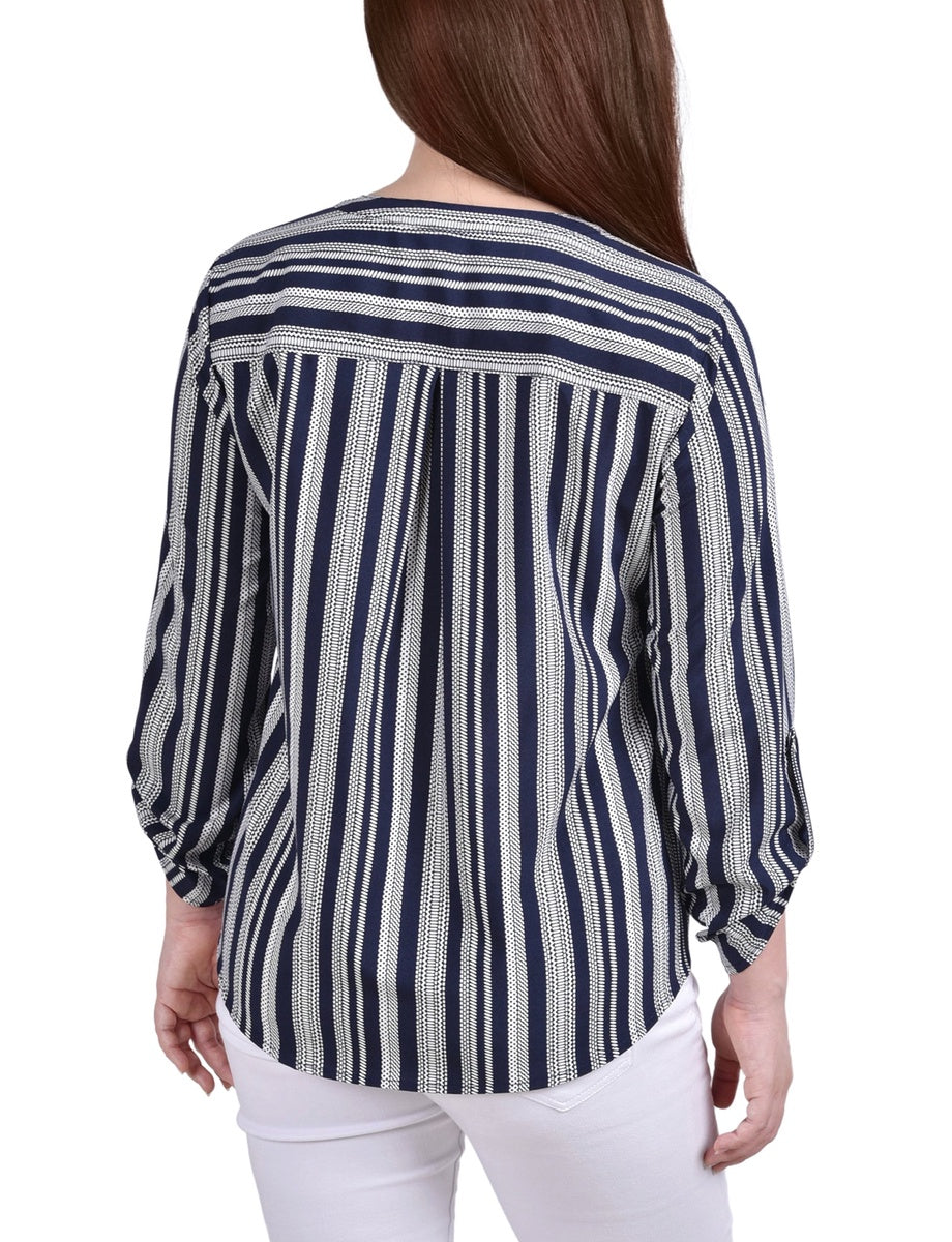  NY Collection Petite 3/4 Sleeve Roll Tab Y Neck Blouse - Black White Abstract - Bonton