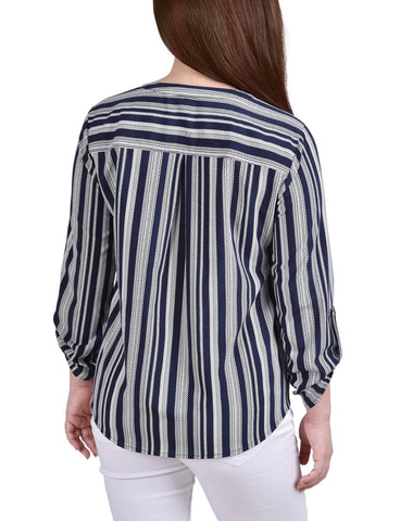 Petite 3/4 Sleeve Roll Tab Y Neck Blouse
