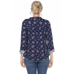 Women's Pleated Long Sleeve Leaf Print Blouse