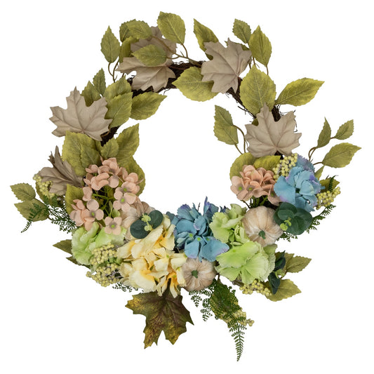 Floral and Gourds Thanksgiving Artificial Wreath - 22" - Green and Blue