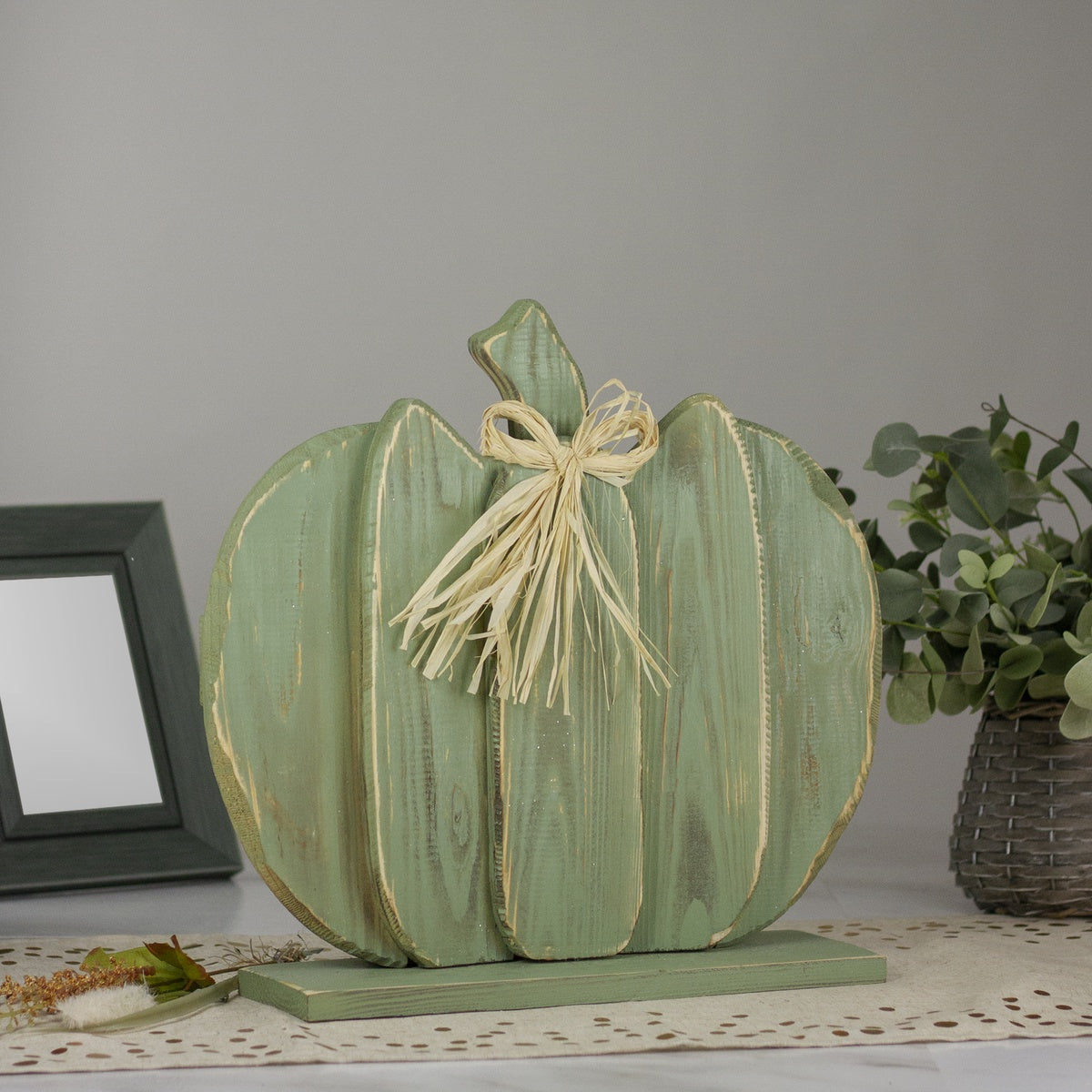  Northlight Fall Harvest Wooden Pumpkin With Bow Decoration - 14.75