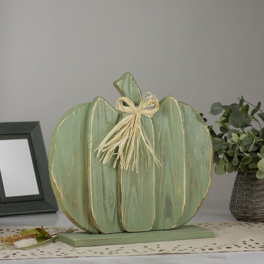 Fall Harvest Wooden Pumpkin With Bow Decoration - 14.75" - Sage Green