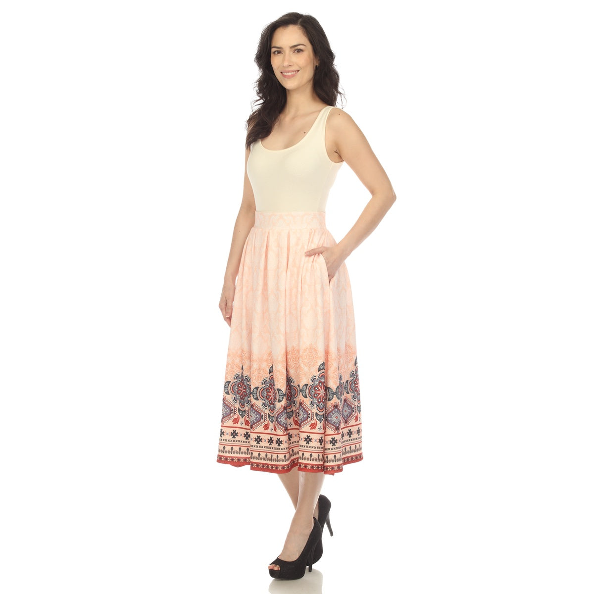  White Mark Women's Pleated Skirt With Border Prints - S - Bonton