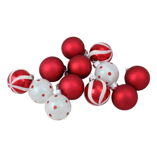 12ct Red and White Glass 3-Finish Christmas Ball Ornaments 1.75" (40mm)