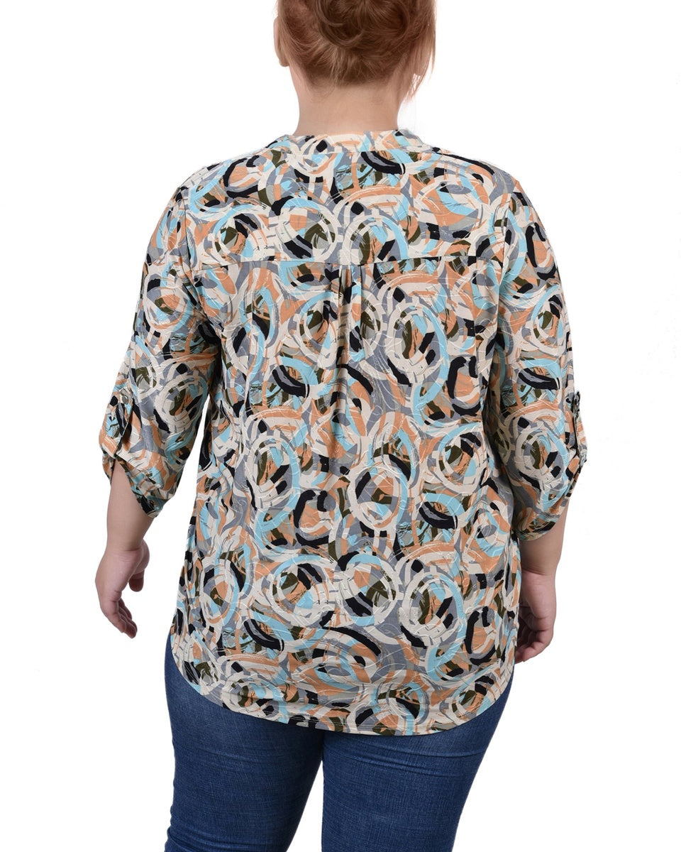  NY Collection Plus Size 3/4 Roll Tab Sleeve Y Neck Top - Grey Floral - Bonton