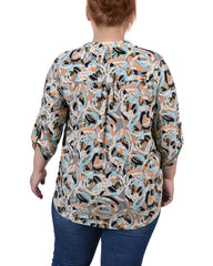 Plus Size 3/4 Roll Tab Sleeve Y Neck Top