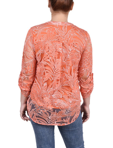 Long Sleeve Burnout Y Neck Blouse