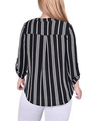 Plus Size 3/4 Sleeve Mandarin Collar Blouse With Front Pleats