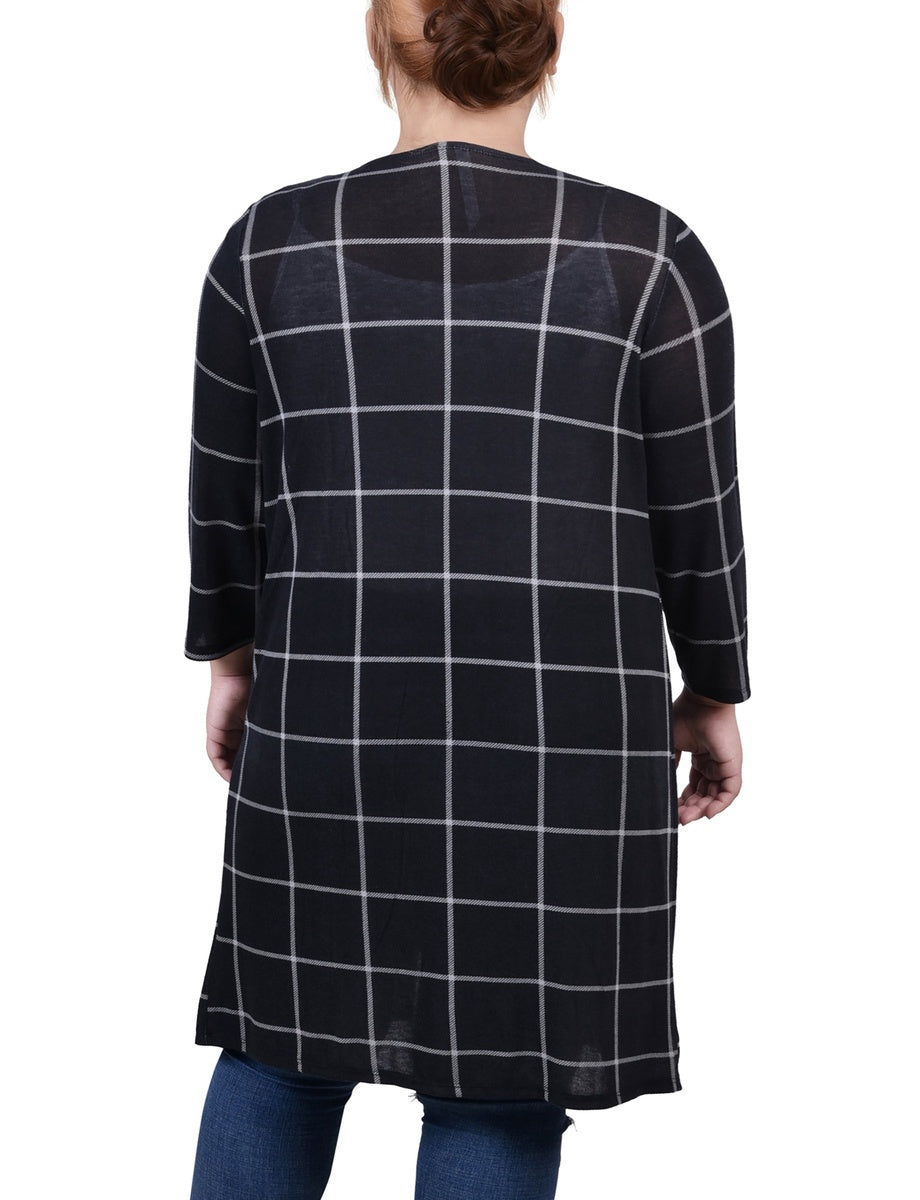  NY Collection Plus Size 3/4 Sleeve Knit Cardigan - Black White Plaid - Bonton