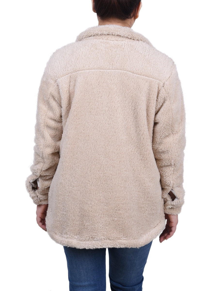  NY Collection Long Sleeve Button Front Sherpa Jacket - Ivory - Bonton