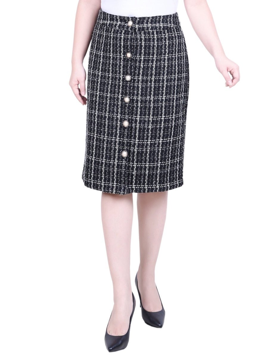  NY Collection Petite Knee Length Slim Tweed Knit Skirt - Black Ivory Plaid - Bonton