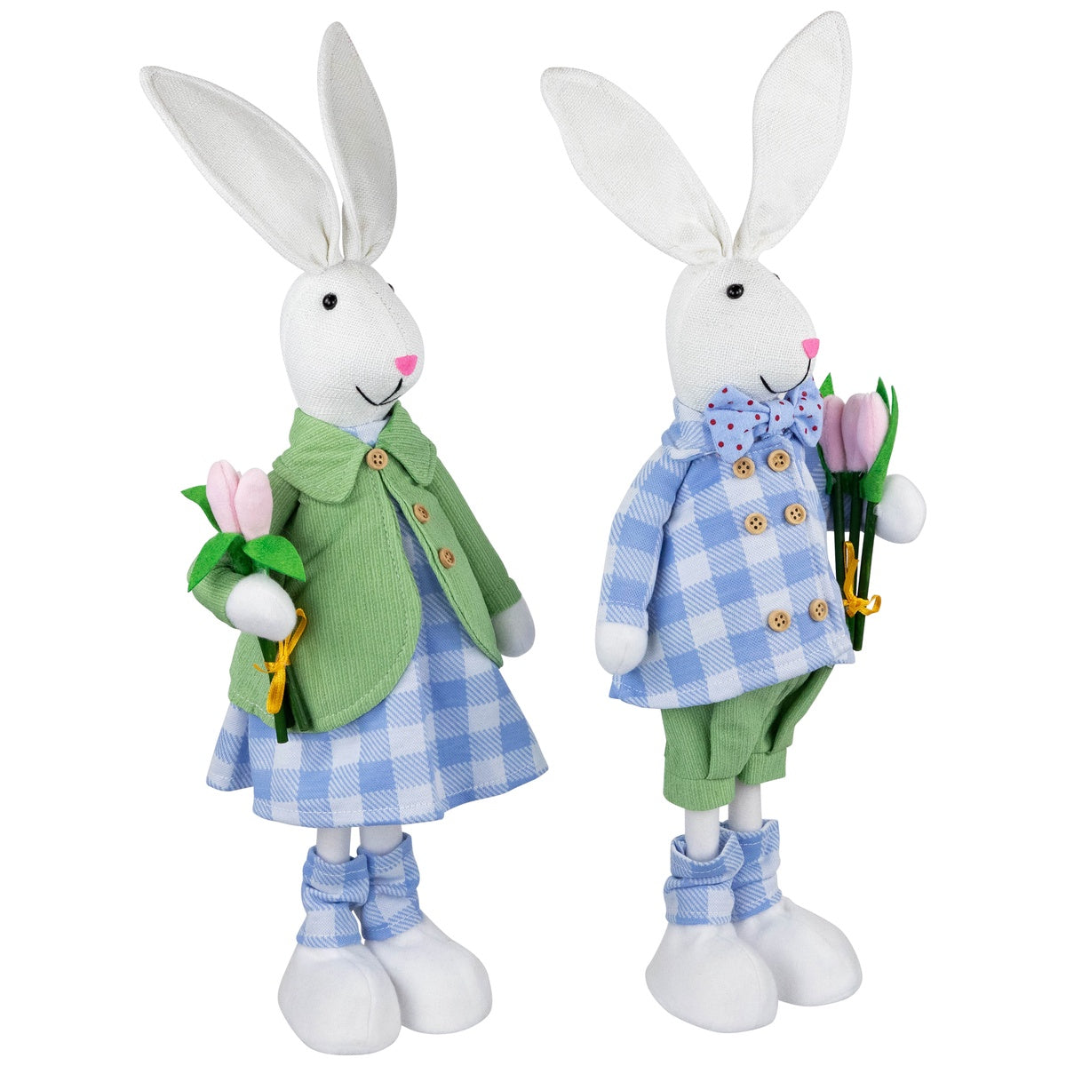 Northlight Bunny Couple in Matching Checkered Outfits Easter Figures - 18.75