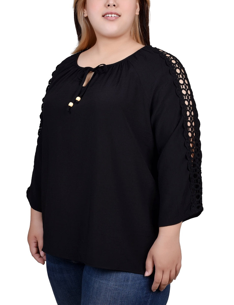  NY Collection Plus Size 3/4 Sleeve Crochet Detail Blouse - Black - Bonton