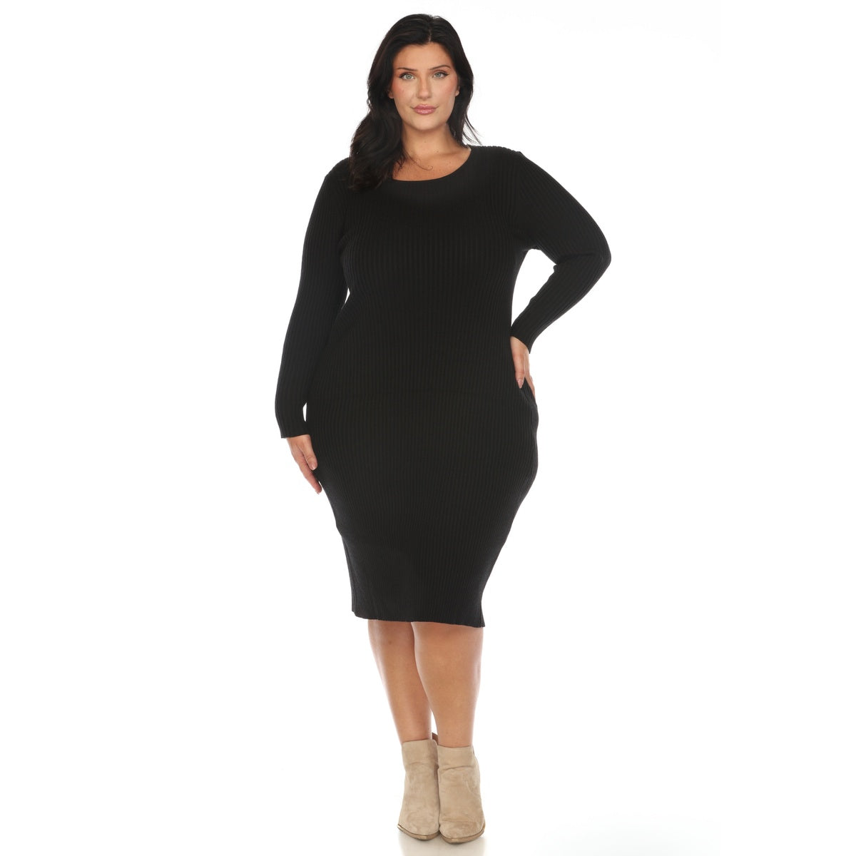  White Mark Plus Size Long Sleeve Rib Midi Sweater Dress - 1X - Bonton