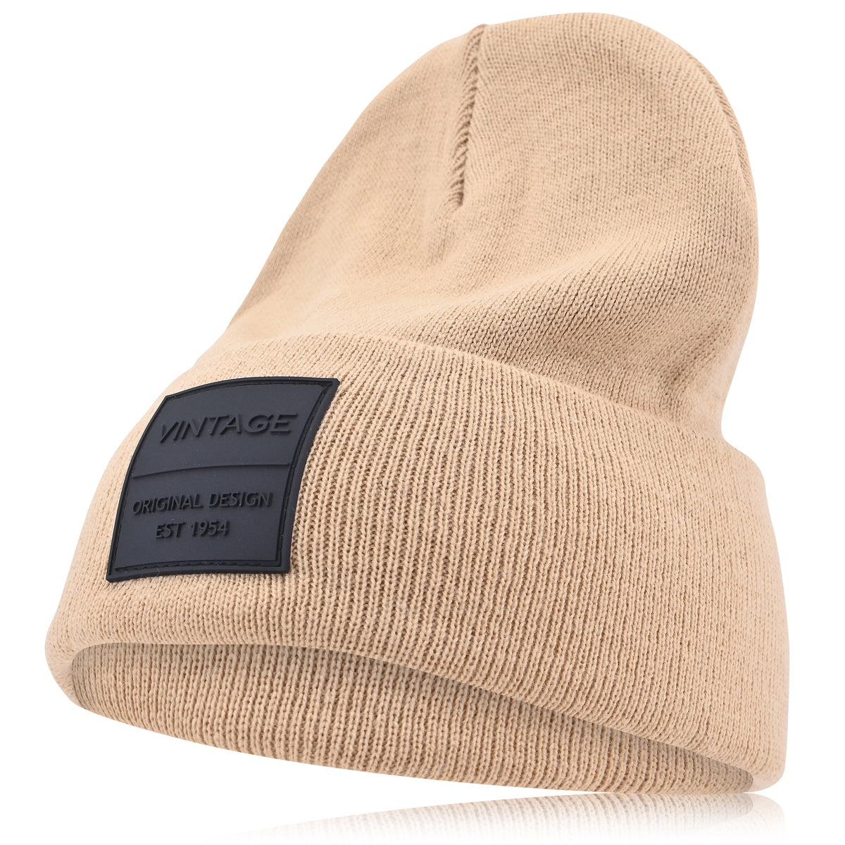  Vintage Havana Vintage Havana Beige Beanie for Women & Men | Thick Cuffed Knitted Winter Hat Beanies Unisex Skull Caps| Vintage Logo Patch - Default Title - Bonton