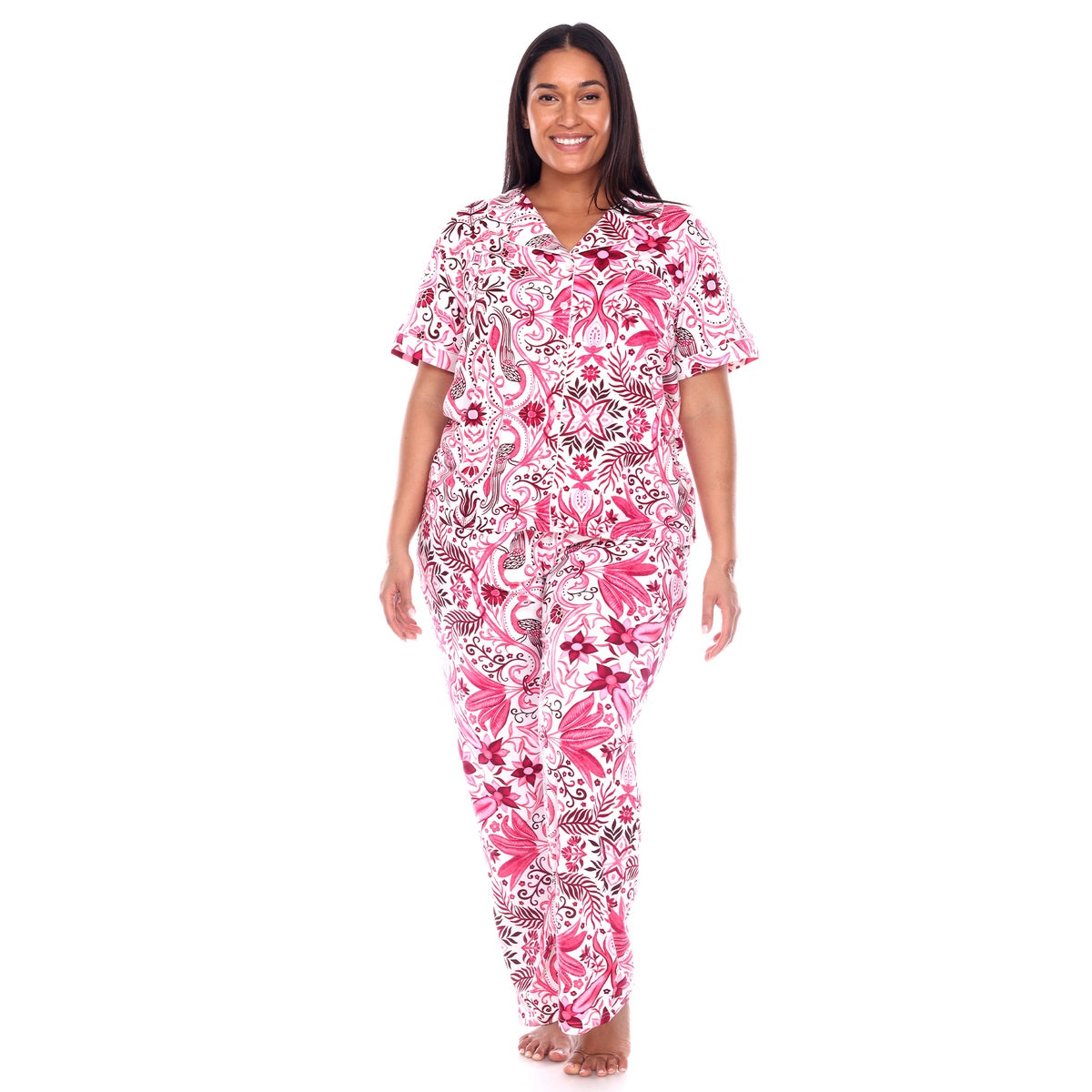  White Mark Plus Size Short Sleeve & Pants Tropical Pajama Set - 1X - Bonton