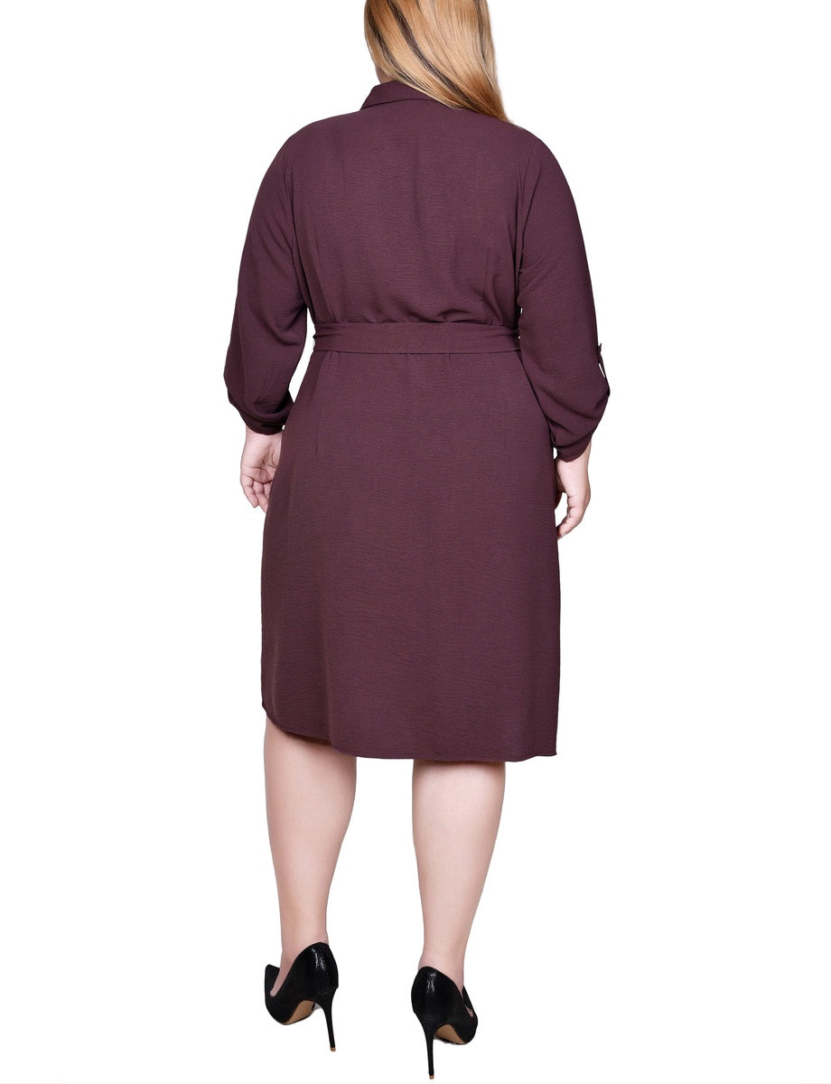  NY Collection Plus Size Long Roll Tab Sleeve Shirtdress - Burnt Olive - Bonton