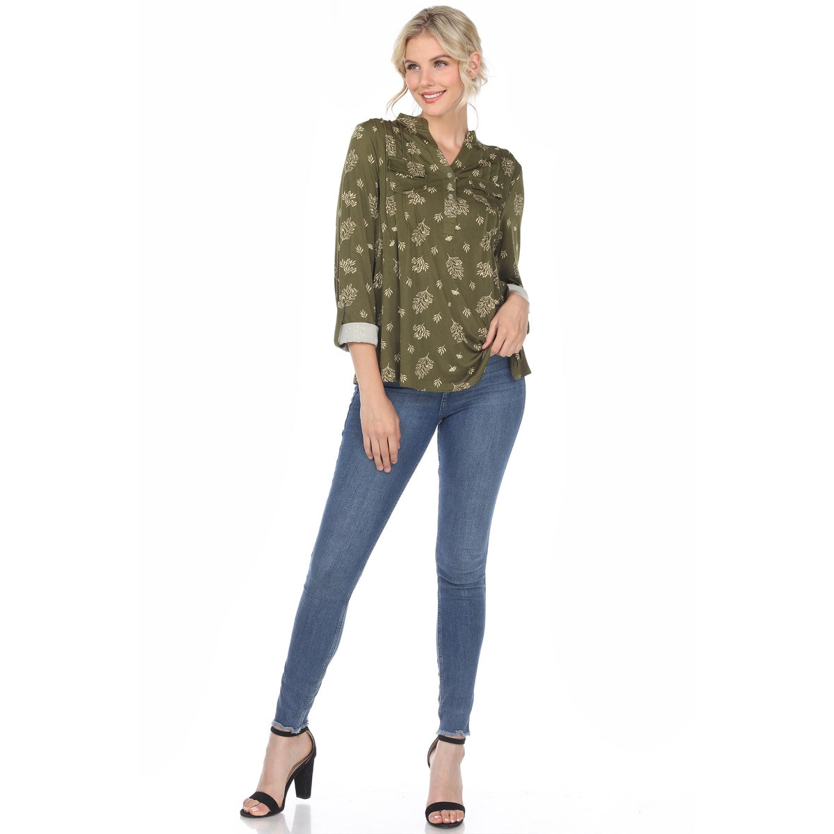  White Mark Women's Pleated Long Sleeve Leaf Print Blouse - S - Bonton