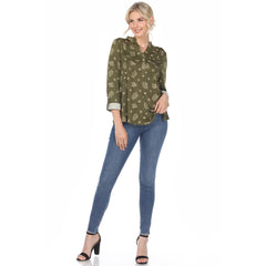 Women's Pleated Long Sleeve Leaf Print Blouse