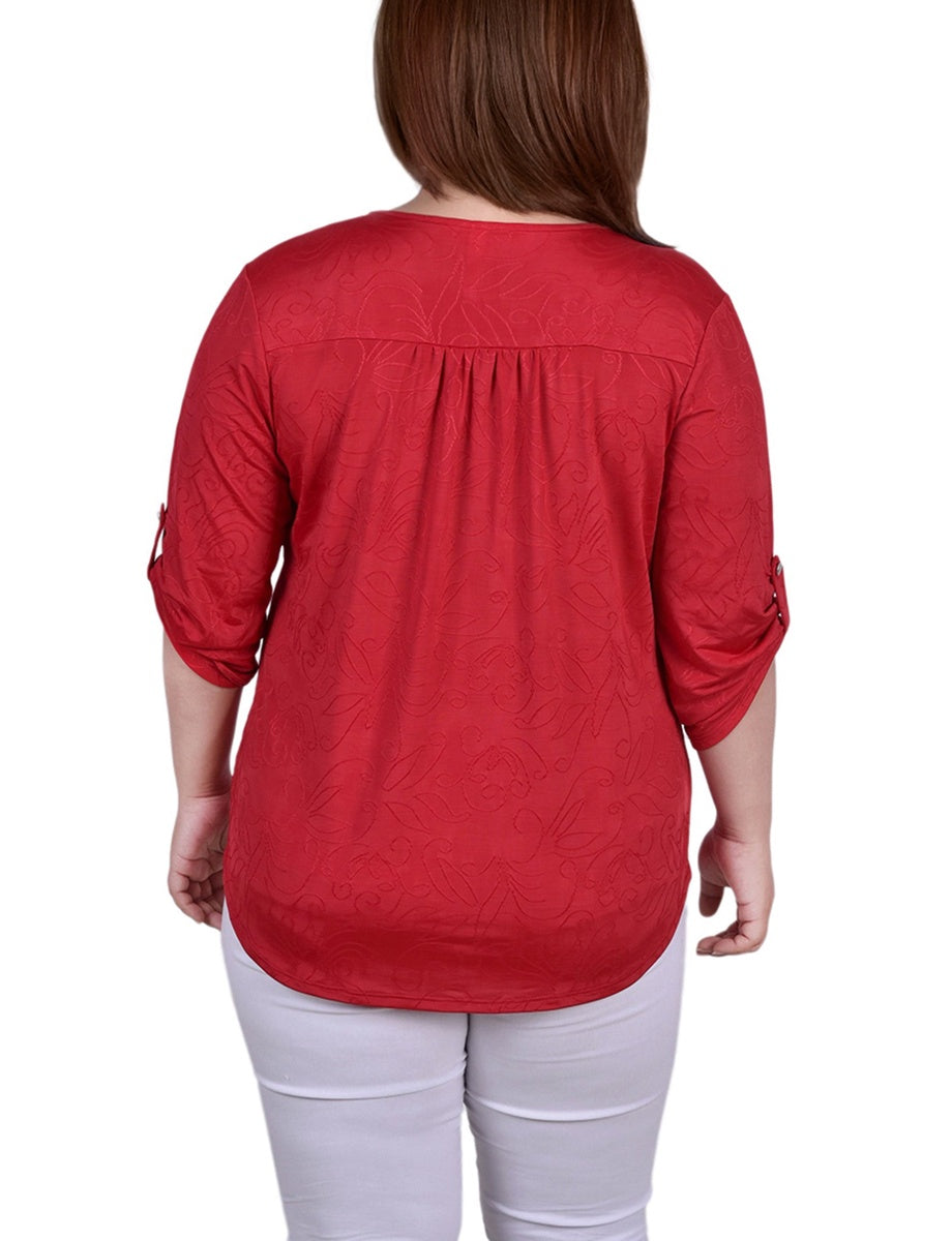  NY Collection Plus Size 3/4 Roll Tab Zip Front Jacquard Knit Top - Red Sakadotduo - Bonton