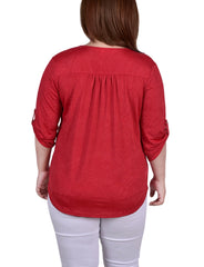 Plus Size 3/4 Roll Tab Zip Front Jacquard Knit Top