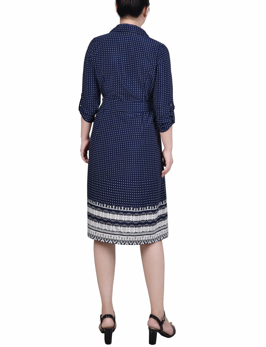  NY Collection 3/4 Roll Tab Sleeve Belted Shirtdress - Black Border - Bonton