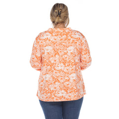 Plus Size Pleated Long Sleeve Floral Print Blouse