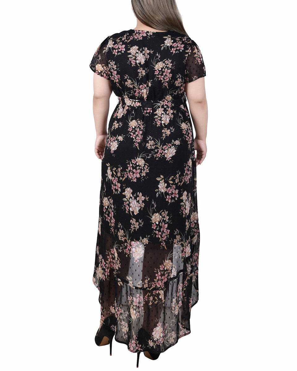  NY Collection Plus Size Short Sleeve Hankerchief Hem Chiffon Dress - Black Mauve Floral - Bonton