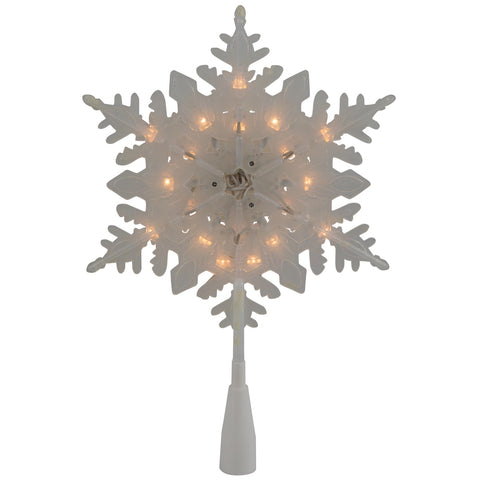 10" Lighted White Frosted 3-D Snowflake Christmas Tree Topper - Clear Lights