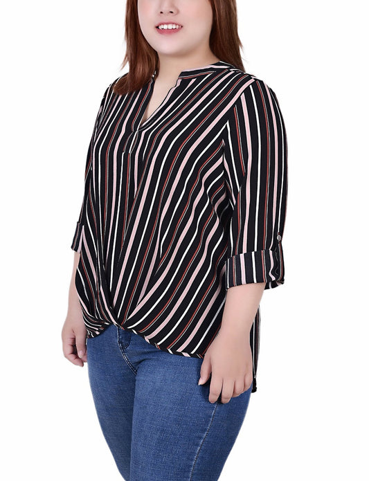 Plus Size 3/4 Sleeve Mandarin Collar Blouse With Front Pleats